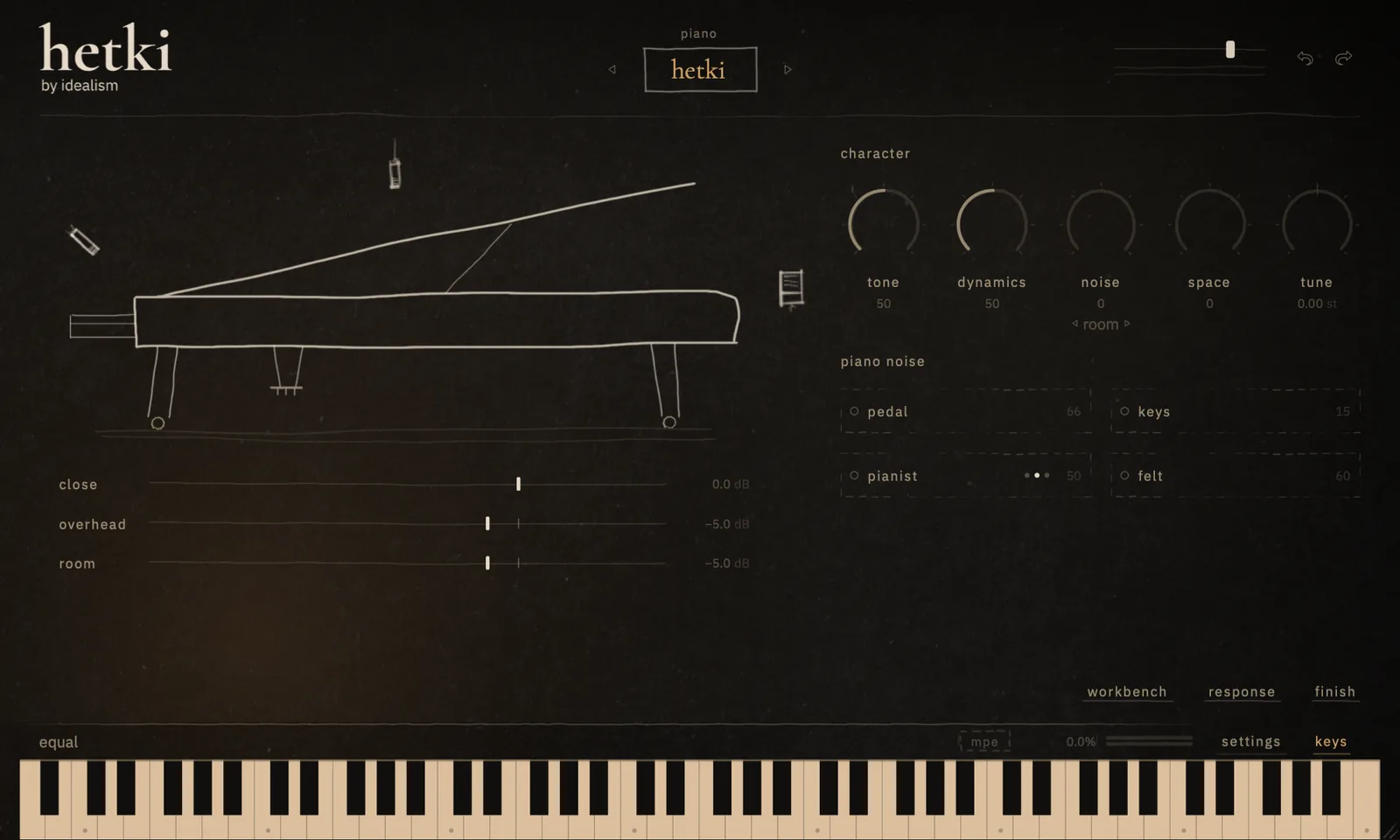 hetki's window: the drawn grand piano with its three mics on the left over the close, overhead and room faders; character knobs and the piano noise tiles on the right; the moment name at the top; the doors workbench, response and finish at the bottom right; settings and keys under them; the keyboard along the bottom.